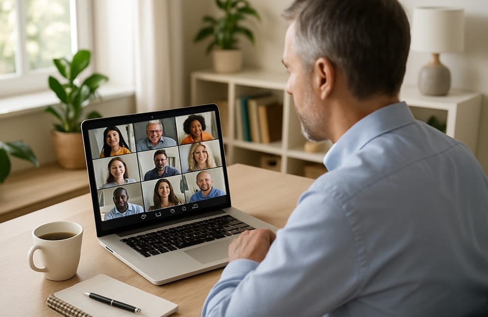 Diverse professionals engaged in an online coaching session